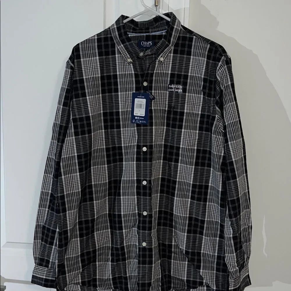 New Chaps American Black White Plaid mens 100% cotton no iron work LS shirt-L